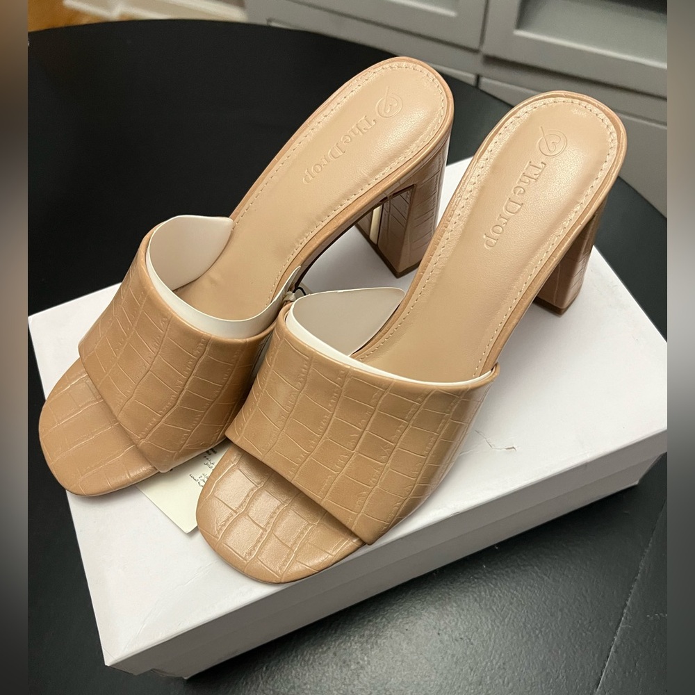 Nude Croc-Embossed Block Heel Mules